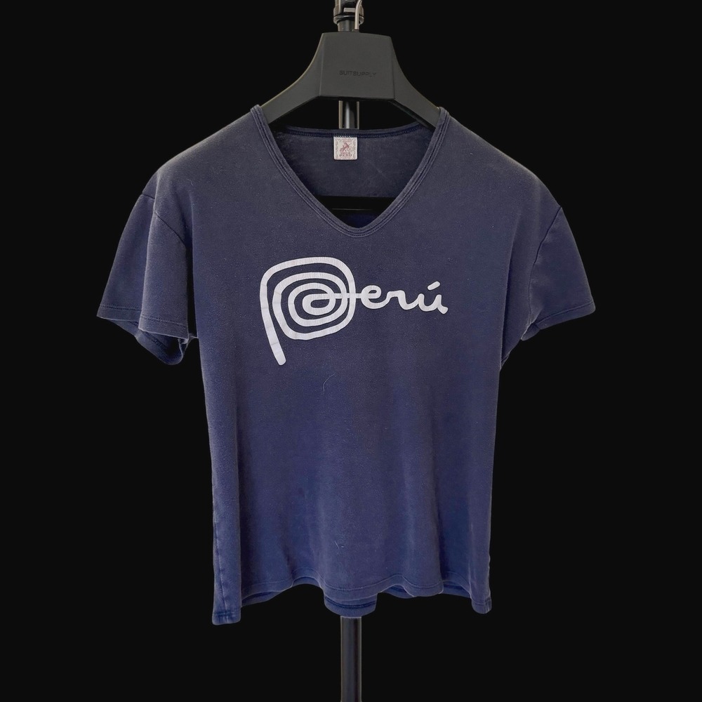 80's Inca Peru Cusco Machu Picchu V-Neck T-Shirt Navy Blue XL
